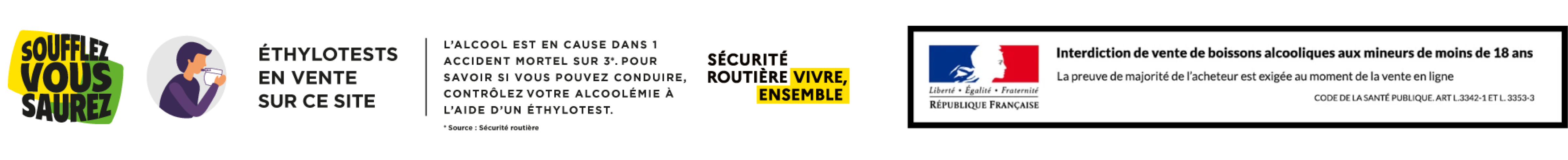 Ethylotests en vente sur ce site. Interdiction de vente de boissons alcooliques aux mineurs de moins de 18 ans